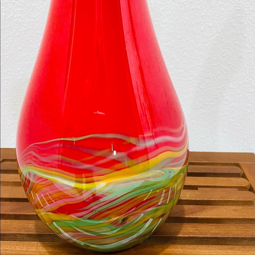 Vintage Murano Red Yellow & Green Art Glass Bottle Vase. Lizarri Glass Signature - Picture 2 of 11